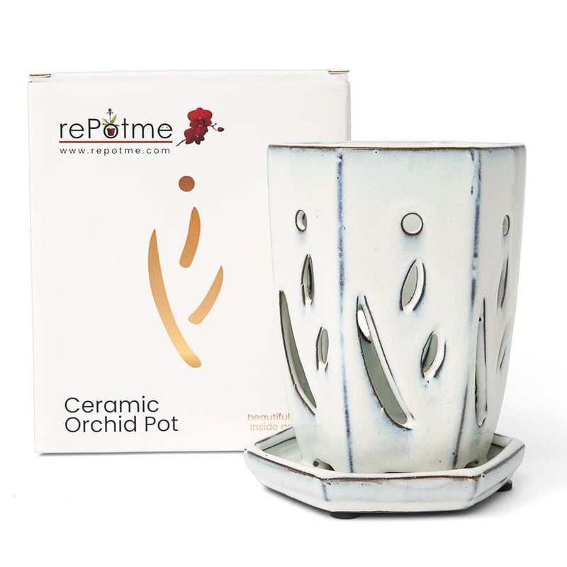 rePotme 4 x 6 inch Ceramic Orchid Pot (White Diamond) - Hexagon Orchid Pot with Holes - Image 1